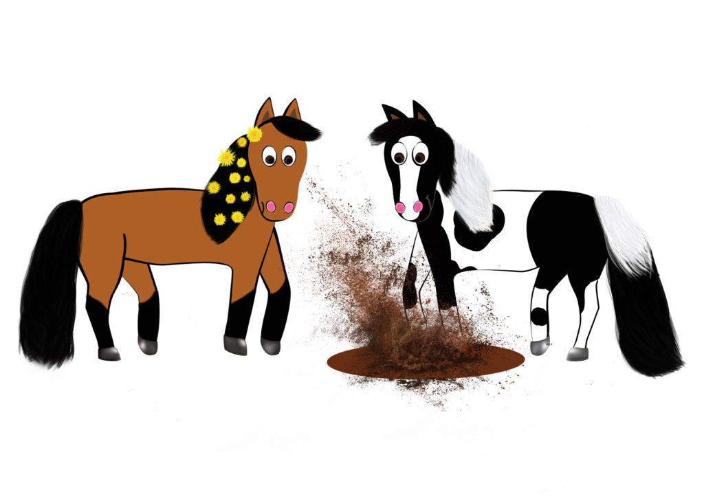 Cute Cartoon Horses from the children's book Riki and J.R. The Big Bad Scary Mud Puddle